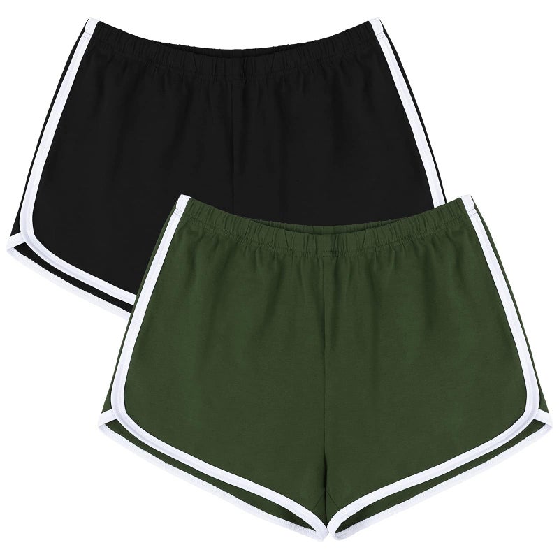 URATOT Women's Cotton Shorts Gym Shorts Yoga Shorts Summer Running Active Shorts Dance, Pack of 2 Black, Army Green - Image 1